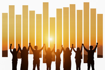 Silhouette of happy business teamwork making high hand over head standing back side on sunrise background, friendship,victory,cooperation,achievement,copy space.
