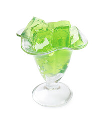 Tasty green jelly cubes in dessert bowl isolated on white
