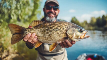 A fisherman proudly holding a large fish caught on a sunny day.