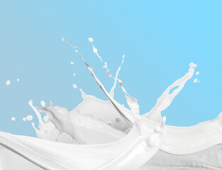 Fresh milk splashing on light blue background