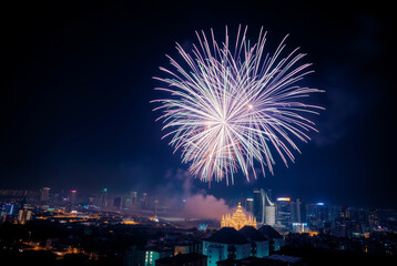 vibrant fireworks above night city, bright lens flare, light streaks, dramatic lighting
