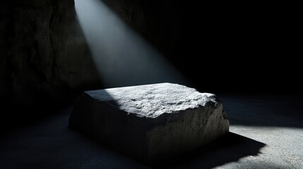 Dark cave, stone pedestal, spotlight