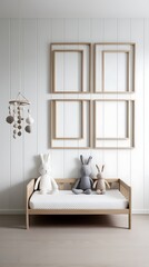 Minimalist children's room with wooden bed, soft toy bunnies, neutral tones, and clean wall frames, designed with Scandinavian aesthetics and cozy simplicity for modern nurseries
