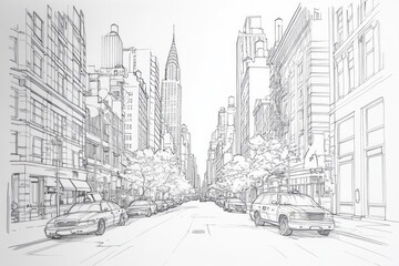 An urban city street drawing depicting skyscrapers and automobiles