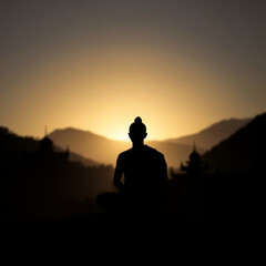 Buddhist monk in lotus position, surrounded by thick fog in a mountainous landscape, a temple barely visible, gentle and soothing atmosphere