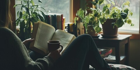 A cozy scene featuring a person reading a book while holding a warm mug of coffee in a comfortable home setting