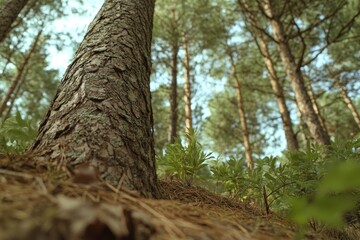 Fototapeta premium A tall tree trunk in a dense forest with the sunlight