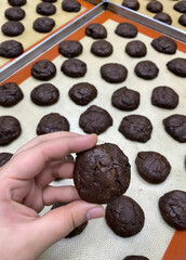 A hand holds a round piece of chocolate cookie dough above a tray lined with multiple cookie mounds, each waiting to be baked. The kitchen exudes a warm, inviting baking atmosphere