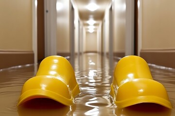 Flooded hallway with yellow boots.