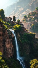 A scenic waterfall flows beside a village in mountainous terrain