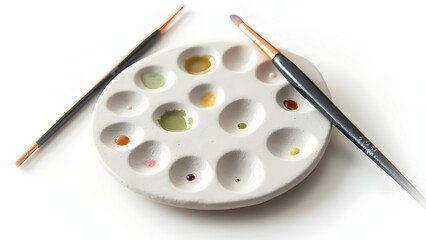 Professional Ceramic Palette with Organized Dot Samples of Gouache and Ultra Fine Precision Liner Brushes