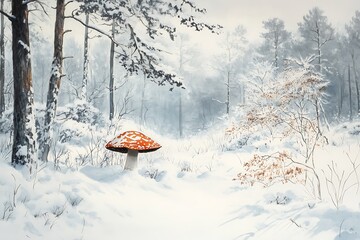 Winter scene with a solitary mushroom peeking through a snowy backdrop, creating a serene atmosphere