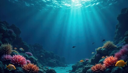 Fototapeta premium Dark blue ocean surface with scattered aquatic life, surface, dark, life