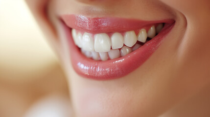Obraz premium A woman smiles brightly, showcasing her beautiful and healthy teeth, radiating confidence and happiness, highlighting the importance of dental care and a healthy lifestyle.