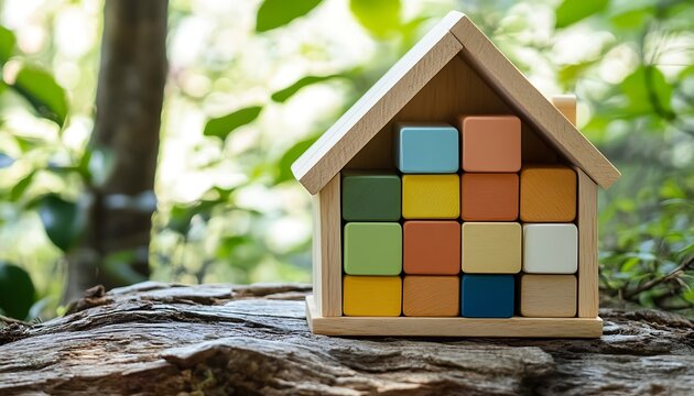 Wooden House Model with Colorful Blocks set in a natural background, portraying a home improvement concept that emphasizes growing energy efficiency and modern living