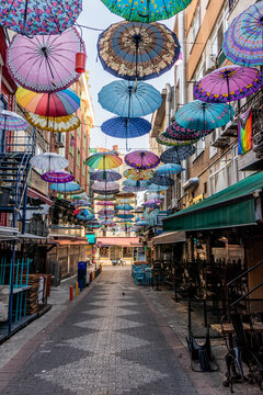 Narrow Ziya Bey alley with colorful umbrellas in Kadikoy district of Istanbul, Turkey