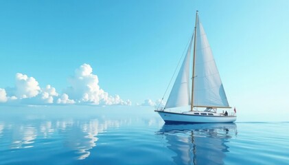 Horizontal striped sailboat in a calm blue and white sea, sail, clouds