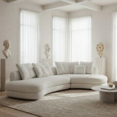 Minimalist Living Space with White Curved Sofa and Soft Textured Elements