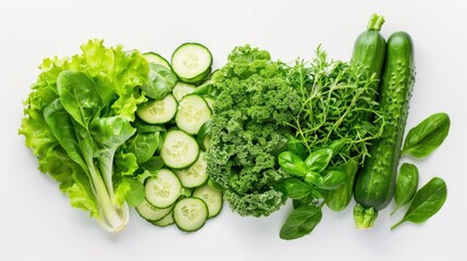 Obraz premium Fresh garden assortment showcasing vibrant green vegetables and herbs