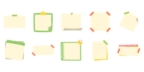 Set of paper for notes with flat cute style. Large collection of cute blank sticky notes. Vector illustration and isolated.