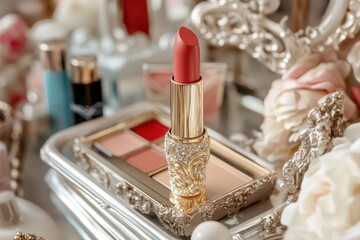 Close-up of luxury lipstick surrounded by makeup essentials