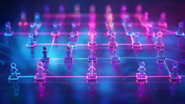Abstract depiction of decentralized business model visualized through an artistic visualization of glowing data points forming an agile organizational chart