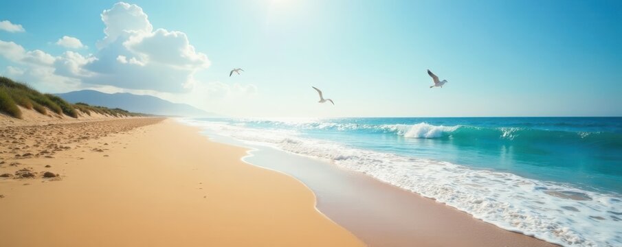 Warm sandy beach with gentle blue ocean wave and seagull flight, sand, calm, peaceful