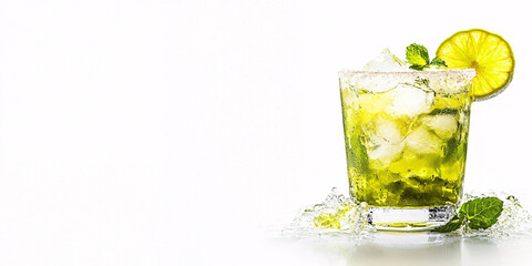Fototapeta premium A close-up shot of a vibrant green cocktail garnished with lime and mint.