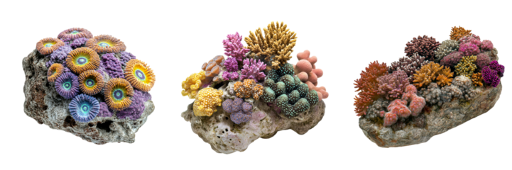 Cluster of vibrant multicolored corals growing on rocky surface isolated on transparent background