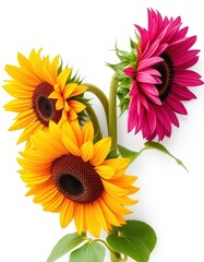 Naklejka premium Three vibrant sunflowers, stems, and leaves, isolated on white, gold, photography