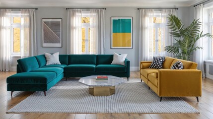 Generative AI, Colorful Modern Living Room with Teal and Yellow Sofas