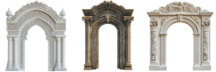 Detailed door arch with intricate carvings and keystone isolated on transparent background