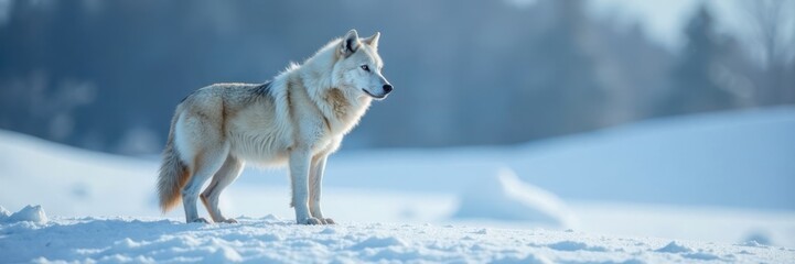Fototapeta premium Arctic wolf standing alone in snowy landscape, arctic, silhouette