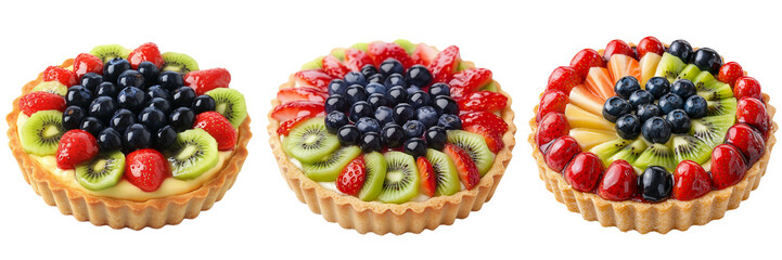 A colorful fruit tart filled with smooth pastry cream and topped with fresh slices of kiwi, strawberry, and whole blueberries, isolated on a transparent background	