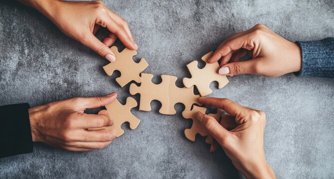 Four hands connecting jigsaw puzzle pieces.