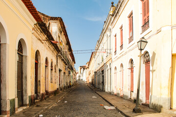 Facades of old buildings on Afonse Pena Street, historic center of the city of São Luis, Maranhão, Brazil