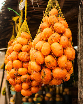 The ciriguela, also called ceriguela, siriguela or seriguela, fruits of Spondias purpurea, a tree from the anacardiaceae family, for sale in the central market in the city of Teresina, Piau&iacute;, Brazil