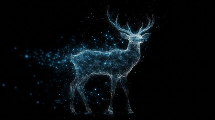 a luminous stag composed of particles against a dark background.