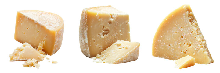 A close-up of a freshly cut wheel of parmesan cheese with a wedge removed, isolated on a transparent background