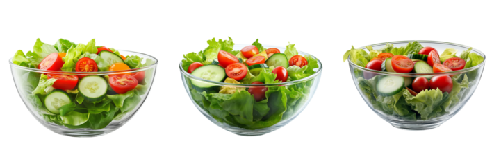Clear glass bowl filled with fresh green salad with lettuce, cherry tomatoes, and cucumbers isolated on transparent background