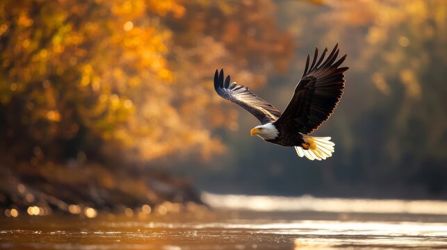 a bald eagle soaring in flight over a body of water and the trees in the background.