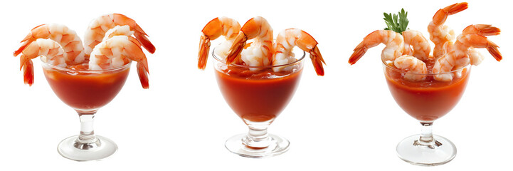 Delicious shrimp cocktail with fresh shrimp around glass rim isolated on transparent background