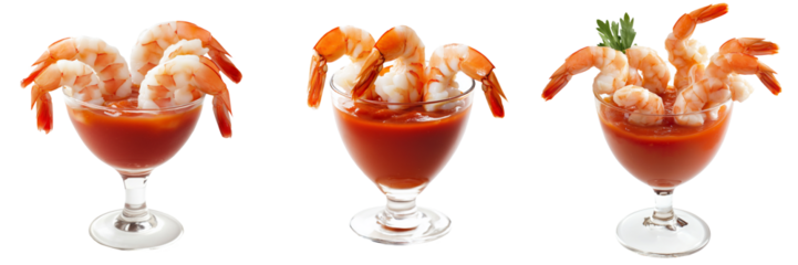 Delicious shrimp cocktail with fresh shrimp around glass rim isolated on transparent background