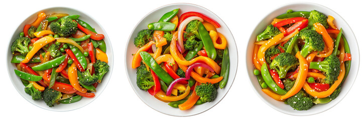 A colorful stir-fry featuring vibrant bell peppers, broccoli florets, carrots, and snap peas, isolated on a transparent background