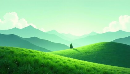 Abstract minimalist green landscape with serene mountains and rolling hills in tranquil backdrop,  hills,  green