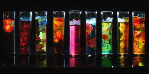 Colorful chemical reactions in glass test tubes.