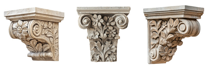 A detailed stone corbel with intricate floral carvings, designed to support a ledge or overhang, isolated on a transparent background