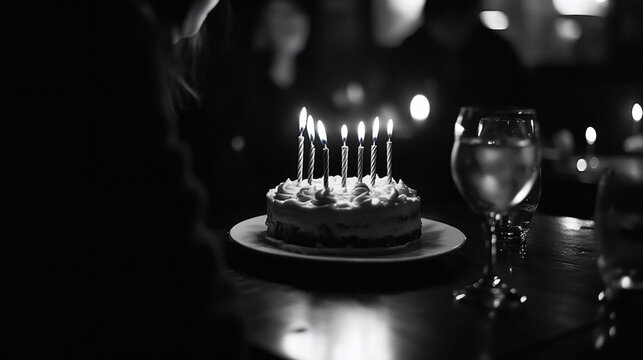 Fototapeta Black and white photo of birthday cake with lit candles and wine glasses