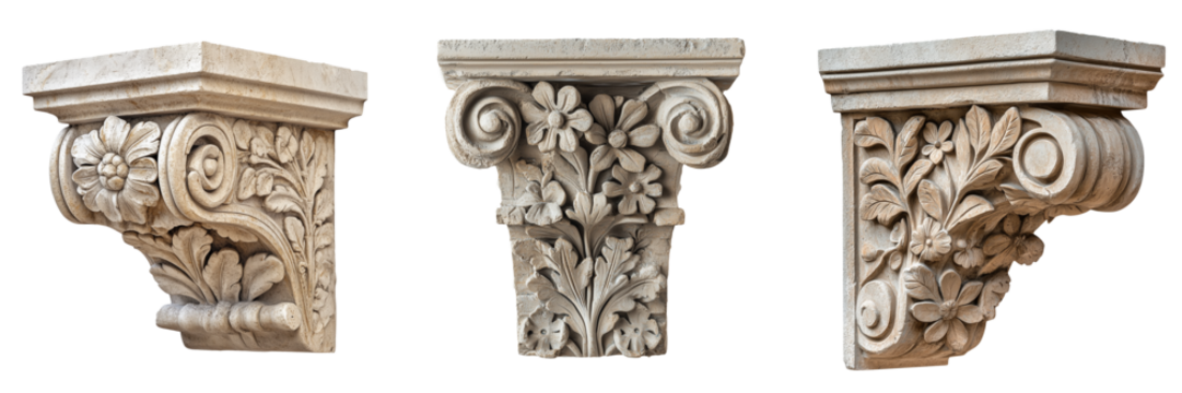 A detailed stone corbel with intricate floral carvings, designed to support a ledge or overhang, isolated on a transparent background