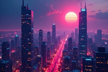 Obraz premium Futuristic cityscape with towering skyscrapers and neon lights, network city, futuristic